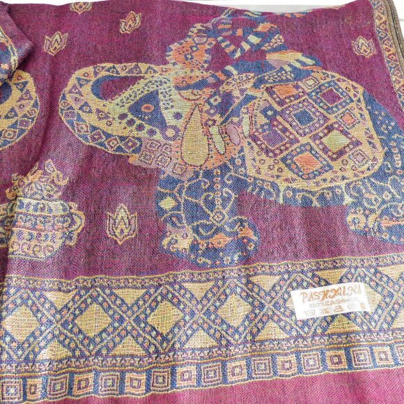 Silk Cashmere Scarf Pink Pashmina Thailand Gold Embossed Elephant Lucky Romantic - Picture 3 of 8